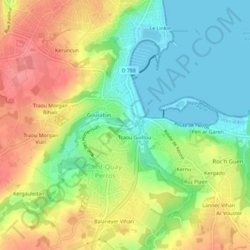 Mappa topografica Pont Couennec, altitudine, rilievo