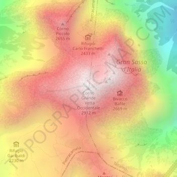 Mappa topografica Corno Grande - Vetta Occidentale, altitudine, rilievo