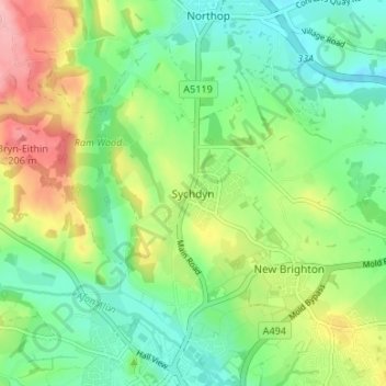 Mappa topografica Soughton, altitudine, rilievo