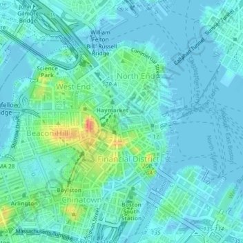 Mappa topografica Boston National Historical Park, altitudine, rilievo