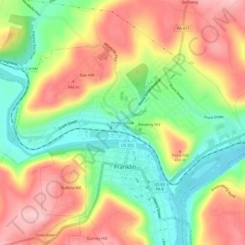 Mappa topografica Rocky Grove, altitudine, rilievo