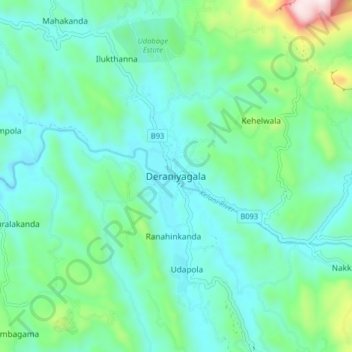 Mappa topografica Deraniyagala, altitudine, rilievo