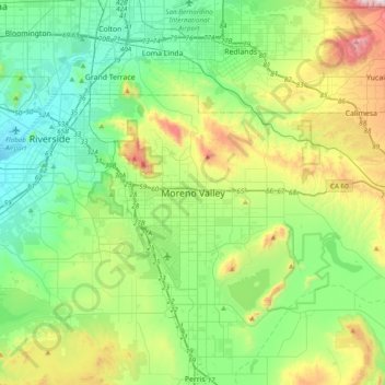 Mappa topografica Moreno Valley, altitudine, rilievo