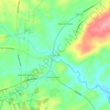 Mappa topografica Pylesville, altitudine, rilievo