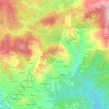 Mappa topografica Ubertino, altitudine, rilievo