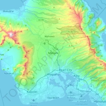Mappa topografica Mililani, altitudine, rilievo