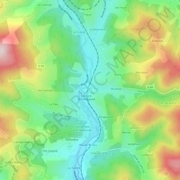 Mappa topografica Lamure-sur-Azergues, altitudine, rilievo