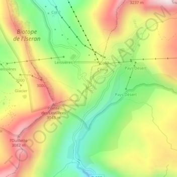 Mappa topografica Col de l'Iseran, altitudine, rilievo