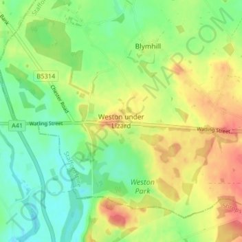 Mappa topografica Weston under Lizard, altitudine, rilievo