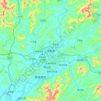 Mappa topografica 浮梁县, altitudine, rilievo