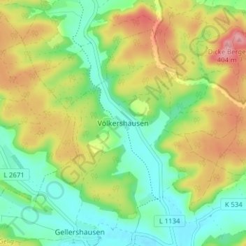 Mappa topografica Völkershausen, altitudine, rilievo