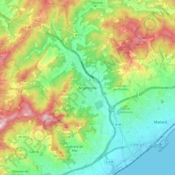 Mappa topografica Argentona, altitudine, rilievo