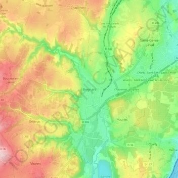 Mappa topografica Brignais, altitudine, rilievo