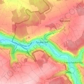 Mappa topografica Tauberzell, altitudine, rilievo