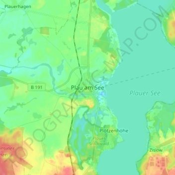 Mappa topografica Plau am See, altitudine, rilievo