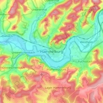 Mappa topografica Hammelburg, altitudine, rilievo