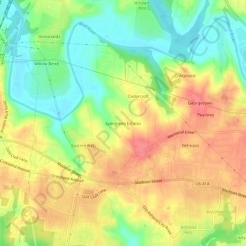 Mappa topografica Evergreen Estates, altitudine, rilievo