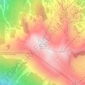 Mappa topografica Whistler Mountain, altitudine, rilievo