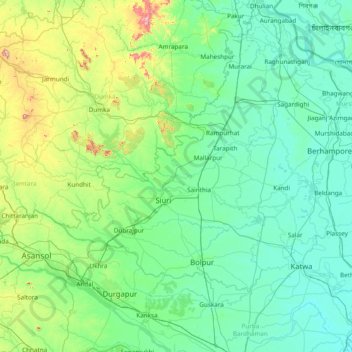 Mappa topografica Bīrbhūm, altitudine, rilievo