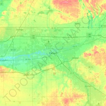 Mappa topografica Elkhart, altitudine, rilievo