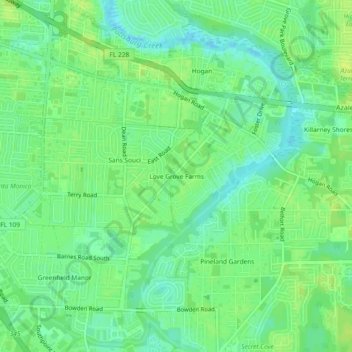 Mappa topografica Love Grove Farms, altitudine, rilievo