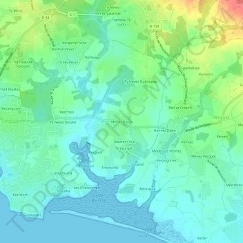 Mappa topografica Menez Groas, altitudine, rilievo
