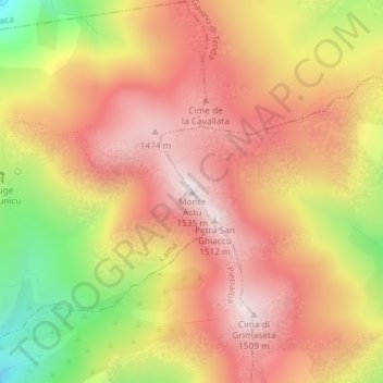 Mappa topografica Monte Astu, altitudine, rilievo