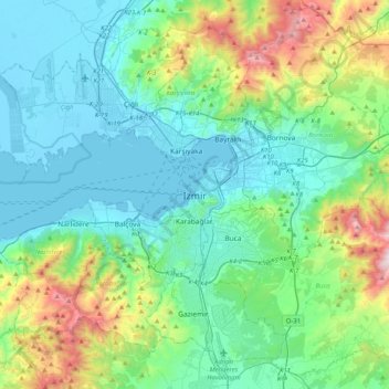 Mappa topografica Smirne, altitudine, rilievo