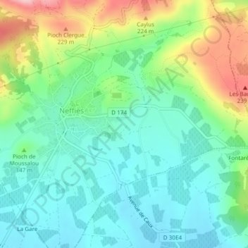 Mappa topografica Caveyrac, altitudine, rilievo