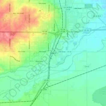Mappa topografica Evans, altitudine, rilievo