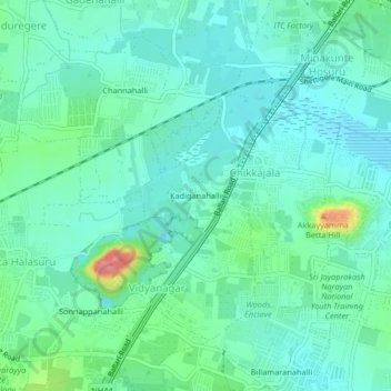 Mappa topografica Kadiganahalli, altitudine, rilievo