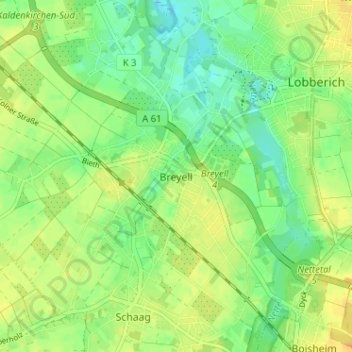 Mappa topografica Breyell, altitudine, rilievo
