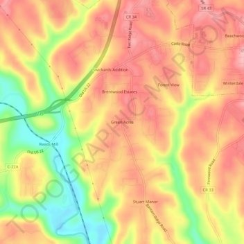 Mappa topografica Green Acres, altitudine, rilievo