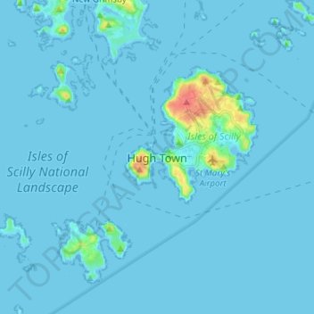 Mappa topografica Hugh Town, altitudine, rilievo