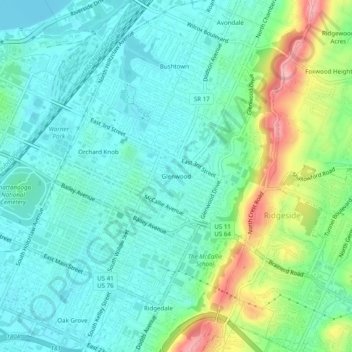 Mappa topografica Glenwood, altitudine, rilievo