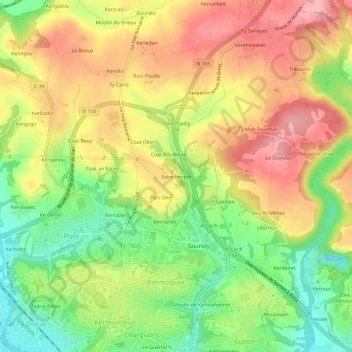 Mappa topografica Saint-Herbot, altitudine, rilievo