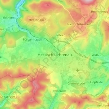 Mappa topografica Hessisch Lichtenau, altitudine, rilievo