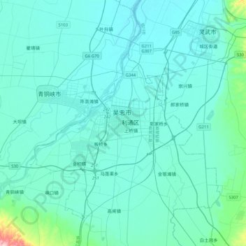 Mappa topografica 吴忠市, altitudine, rilievo