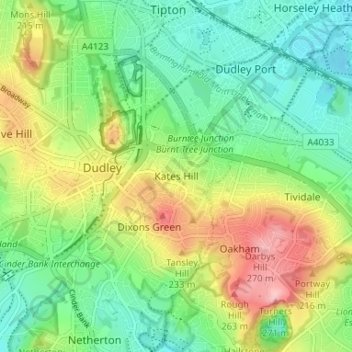 Mappa topografica Kates Hill, altitudine, rilievo