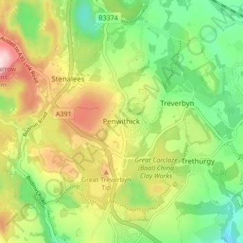 Mappa topografica Penwithick, altitudine, rilievo