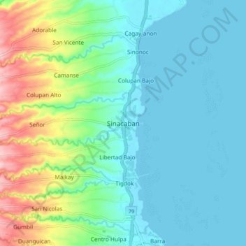 Mappa topografica Sinacaban, altitudine, rilievo