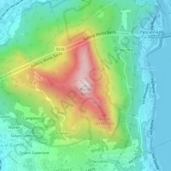 Mappa topografica Monte Barro, altitudine, rilievo