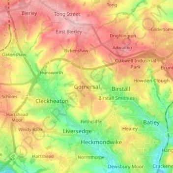 Mappa topografica Gomersal, altitudine, rilievo