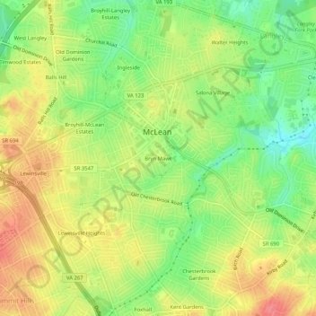 Mappa topografica Bryn Mawr, altitudine, rilievo