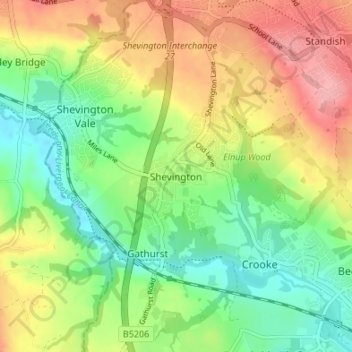 Mappa topografica Shevington, altitudine, rilievo