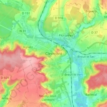 Mappa topografica Clermont, altitudine, rilievo