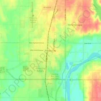 Mappa topografica Ponca City, altitudine, rilievo