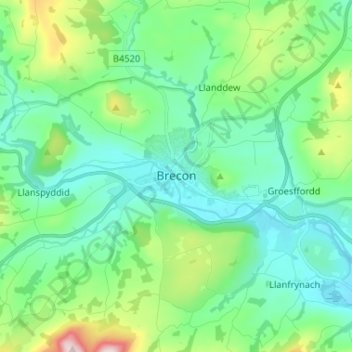 Mappa topografica Brecon, altitudine, rilievo