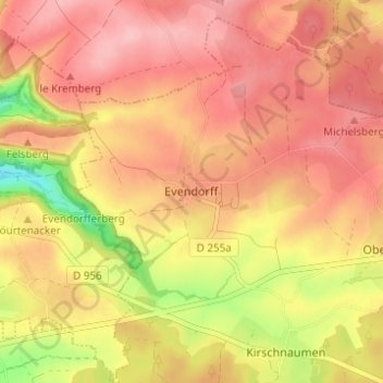 Mappa topografica Evendorff, altitudine, rilievo