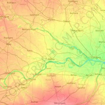 Mappa topografica Ballia, altitudine, rilievo